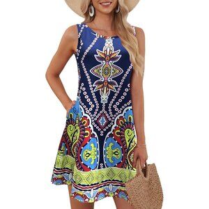 Women's Palace Totem Sleeveless Crew Neck Summer Boho Beach Dress with Pockets